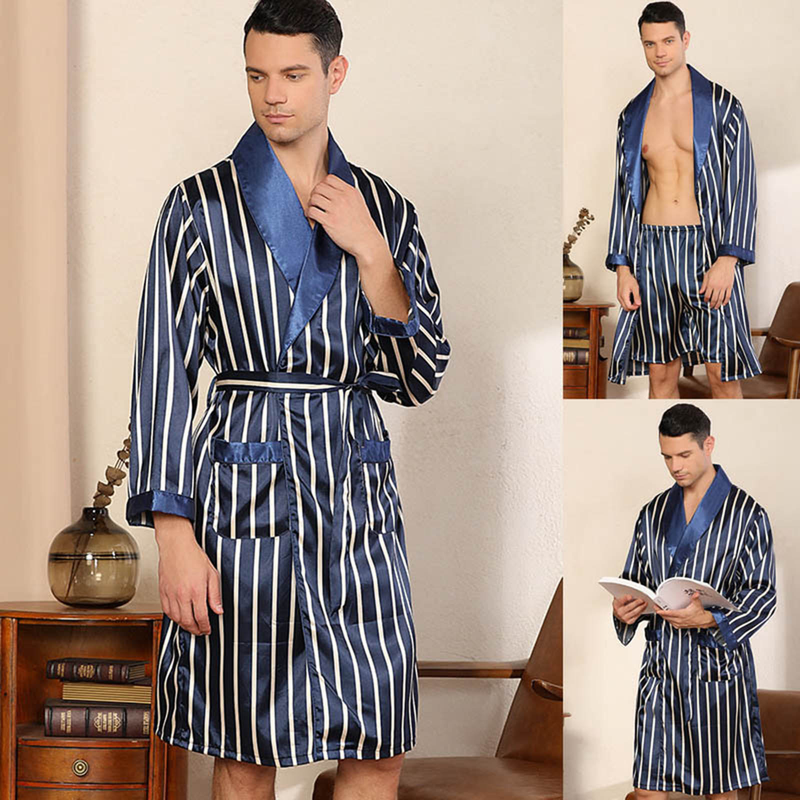 TKYCMSUAKI Men's Satin Kimono Robe Silk Classic Long Bathrobe Stripe Lightweight Loungewear Plus Size Spa Bathrobes